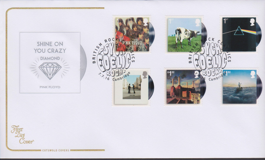 2016 - Pink Floyd, COTSWOLD First Day Cover, British Rock Classics, PSYCH-EDELIC, CAMBRIDGE Postmark